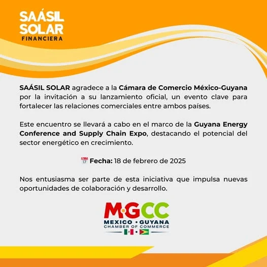 Saásil Solar agradece a la Cámara de Comercio México-Guyana la invitación a su lanzamiento oficial